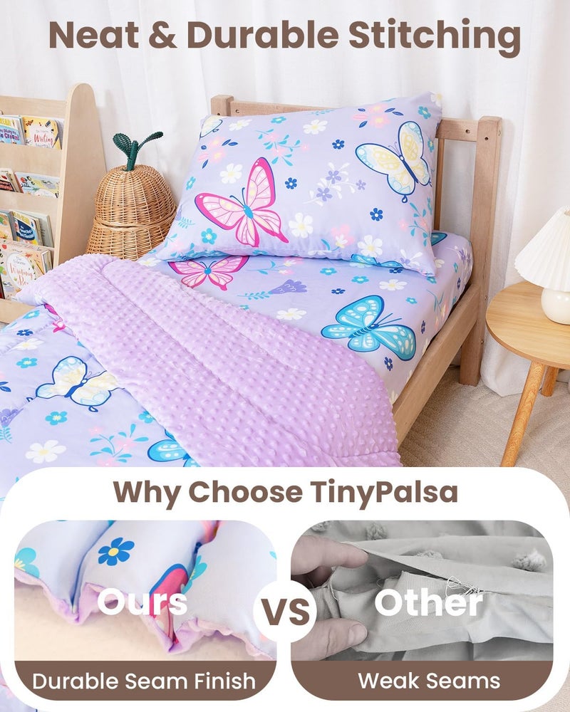 TinyPalsa Butterfly Toddler Bedding Set, 4-Piece Comforter Set for Girls and Boys, Breathable Crib Bedding Includes Ultra-Soft Plush Minky Comforter, Flat and Fitted Sheets, and Reversible Pillowcase - Image 5
